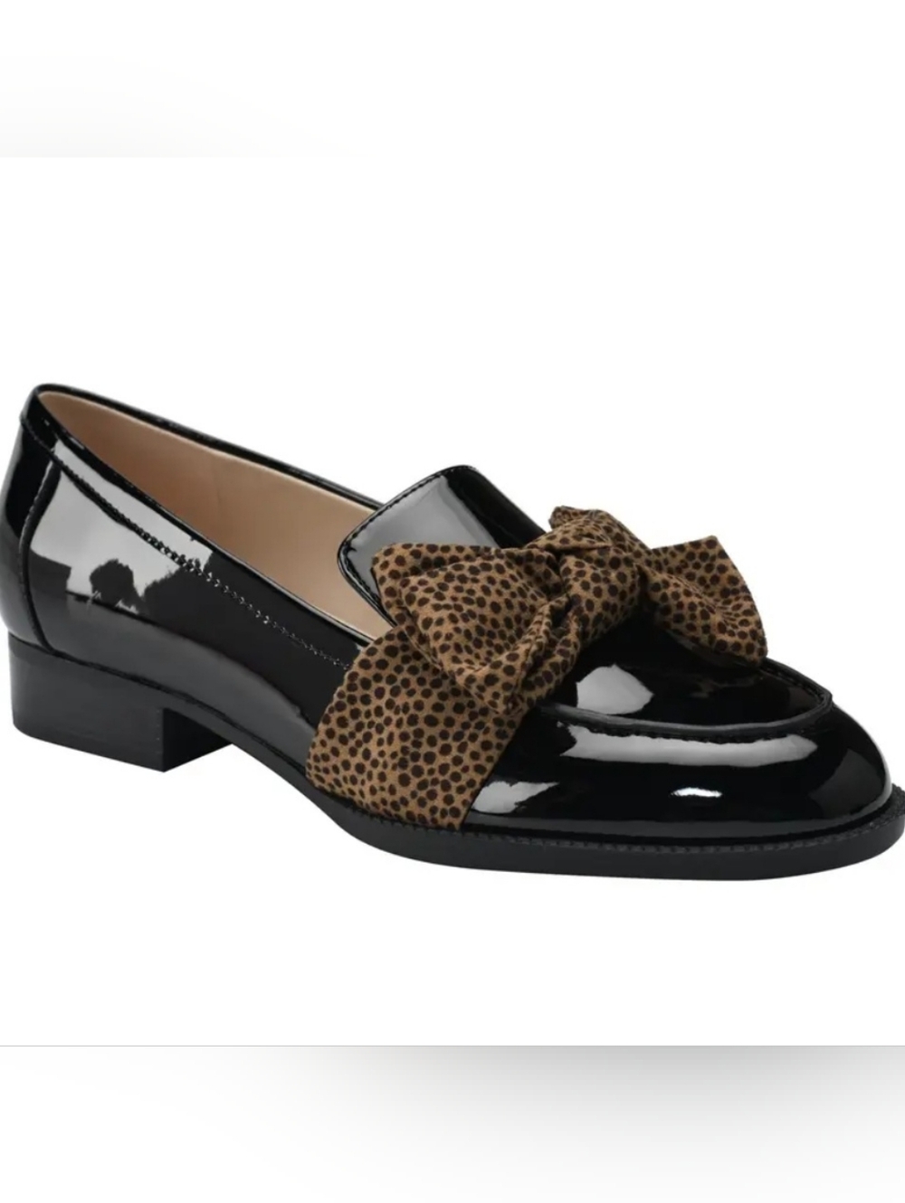 Size 8 - 🆕️ Bandolino Linolio Leather Black Loafer with Brown Leopard Bow